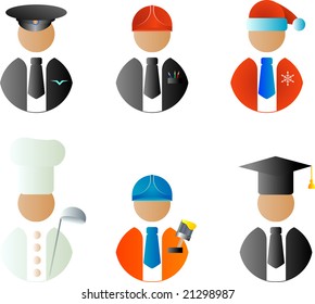 A set of vector characters of different professions: driver, cook, engineer, painter, Santa, professor