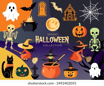 Set of vector characters and elements for halloween in cartoon style. Halloween set: witch, pumpkins, ghosts, skeleton.