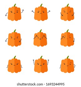 Set of vector characters in flat style. Kawaii pumpkins. A collection of emotional smileys.