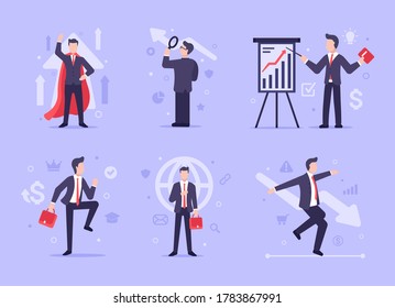 Set of vector characters in flat style related to business. Profit, search, decision, risk, success, dreams in business. Men in business suits are doing business and looking for ways to improve it.