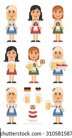 Set of vector characters in a flat style for Oktoberfest. Oktoberfest icons of German Bavarian women with beer and sausages dressed in national costumes.