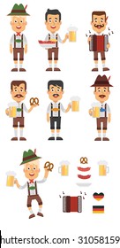 Set of vector characters in a flat style for Oktoberfest. Oktoberfest icons of German Bavarian men with beer and sausages dressed in national costumes.