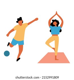 Set of vector characters. Football player kicks the ball. The girl is doing yoga. Athletes. Colored flat illustration.
