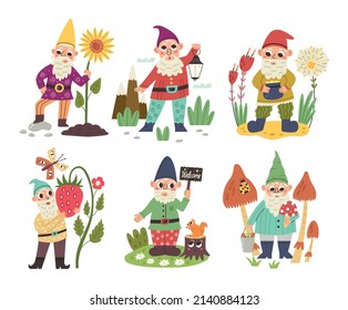 Set vector characters forest gnomes. Character dwarf elf doodle hand drawn flat cartoon background nursery vector digital paper textile fabric wallpaper