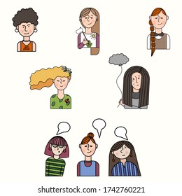 set of vector characters of girls. different characters and emotions of women.