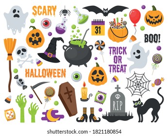 Set of vector characters and icons for Halloween in cartoon style. Traditional elements of Halloween. 