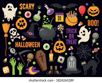 Set of vector characters and icons for Halloween in cartoon style. Traditional elements of Halloween in dark background.