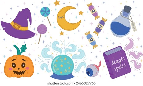 A set of vector characters and icons for Halloween in cartoon style. Hat, moon, candy, pumpkin, magic ball, eye, book of magic. Traditional elements for Halloween. A Halloween set with cute elements.