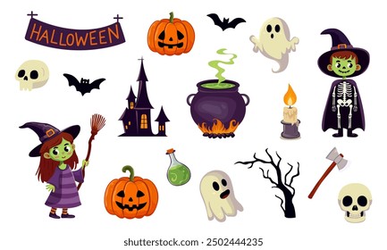 Set of vector characters and icons for Halloween.  Pumpkins, skull, spider, cauldron, witch, potion, skeleton, axe, castle, skull, candle, bat, ghosts.. Isolated on white background