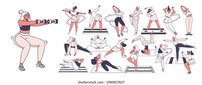 Conjunto de caracteres vectoriales involucrados en deportes. Concepto de estilo de vida saludable. Mujeres alegres y sonrientes se dedican a ejercicios físicos, ejercicios matutinos, yoga, ejercicio, empujones y ocupantes, bucles de bula retorcidos.