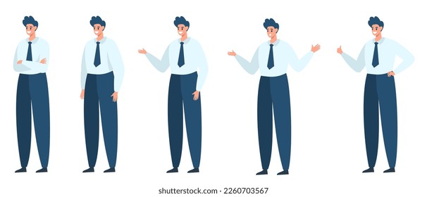 A set of vector characters. Male businessman in different situations. Pose with hands on chest, arms out to the sides, surprised, upset. 