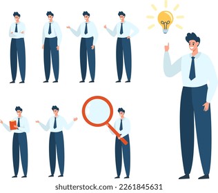 A set of vector characters. Male businessman in different situations. Standing guy, hands on chest, magnifying glass, idea