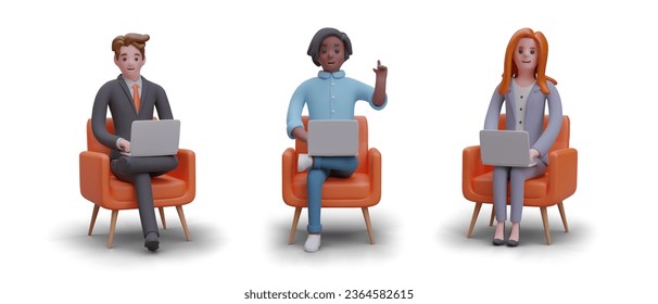 Set of vector characters of office workers. Men and women sitting with laptops in chairs in different poses. Front view. Isolated color illustration in cartoon style