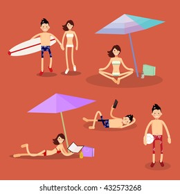 set of vector characters on the beach: Surfing, sunbathing, vacation, holidays, and volleyball