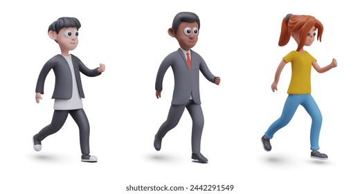 Set of vector characters on run. Realistic men and woman running, jogging