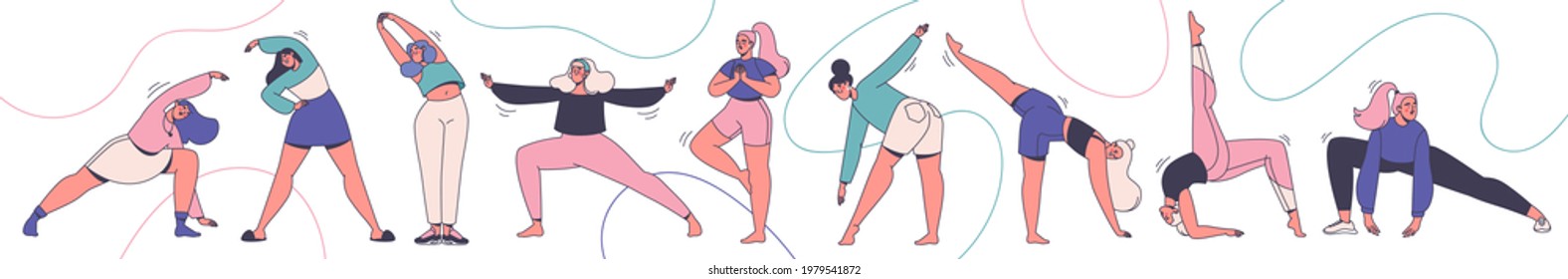 Set of vector characters in an outline flat style involved in sports, gymnastics, morning exercises, fitness, yoga, stand in asanas. Female characters stand in different poses, squat, swing their legs