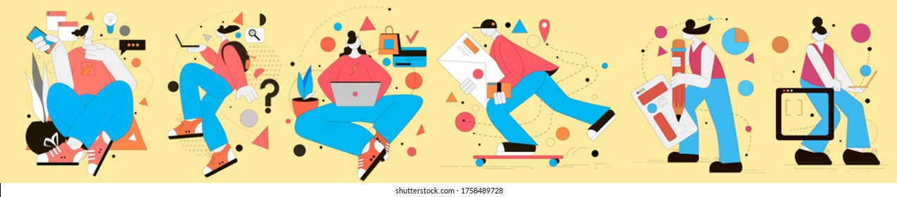 
Set of vector characters. People work creatively on the Internet. Modern flat illustration.