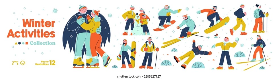 Set of Vector Characters performing Winter activities. Wintersports. Extreme sport. Skiing, ice skating, snowboarding, hiking, snowball fight. Flat illustrations.