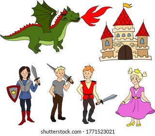 set of vector characters princess and dragon