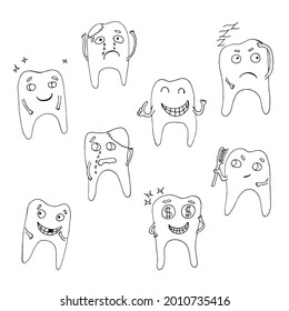 Set of vector characters of teeth with different emotions, teeth with caries and without caries, cry and laugh. Isolated over white background. Flat cartoon style suitable for landing page, banner