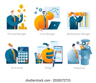 A set of vector characters in the theme of various areas of work in the company. A set of vector illustrations for a mobile application.