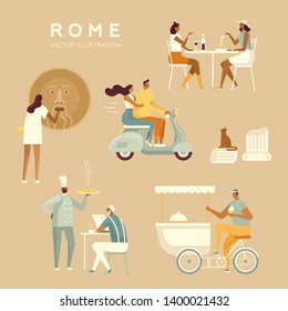 Set of vector characters. Tourists and locals in Rome. Roman holiday. People travel, relax, have fun. A couple on a scooter, ice cream seller, Italian restaurant, Chef, the Mouth of Truth