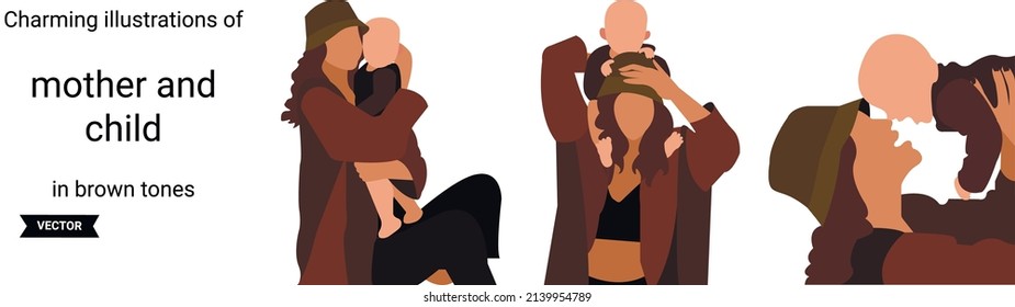 SET Vector charming illustrations of mother and child in brown tones