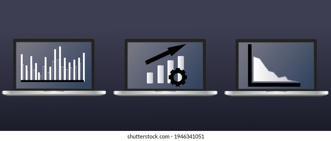 Set of vector chart icons on laptop screen. Growth indicators, financial statement data. Flat business pictograms. Isolated illustrations.	