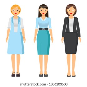 Set of vector chartoon characters. Dresscode of businesswoman. Woman wearing blue office suit, jacket and skirt. Girl wearing dress. Stylish business lady in blouse and skirt. Business person style