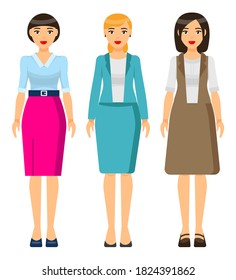 Set of vector chartoon characters. Dresscode of businesswoman. Woman wearing different clothes turquoise jacket and grey skirt, dress. Stylish business lady in blouse and skirt. Business person style