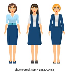 Set of vector chartoon characters. Dresscode of businesswoman. Woman wearing blue office suit, jacket and skirt. Girl wearing dress. Stylish business lady in blouse and skirt. Business person style