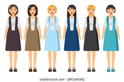 Set of vector chartoon characters. Dresscode of businesswoman. Woman wearing different clothes turquoise jacket and grey skirt, dress. Stylish business lady in blouse and skirt. Business person style