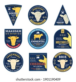 Set of vector cheese labels and packaging design elements. Cheese textures. Cow, sheep, and goat icons