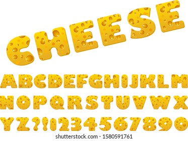 Set of vector cheese slice font and alphabet. Funny volume style font for your design logo, poster, invitation or clothing. Vector stock illustration