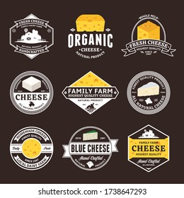 Set of vector cheese vintage badges and icons on a brown background for dairies and cheese packaging and branding design