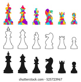 Set of vector chess icons. Isolated on white background. Black, white and colored chess pieces vector illustration.