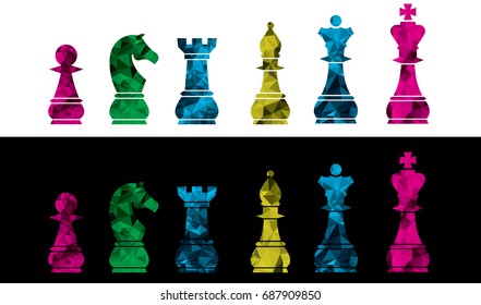 Set of vector chess icons. Isolated on white background. Black, white and colored chess pieces vector illustration.