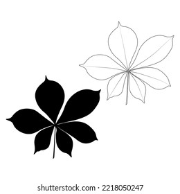 Set of vector chestnut leaf outline and silhouette black icon. Simple chestnut leaves illustration for logo. Realistic hand drawn leaves illustration set on white background.