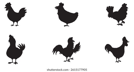 Set of vector chicken black silhouettes isolated on white background.