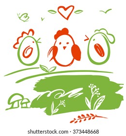 Set vector chicken, eggs painted with a brush. Label, image advertising poultry products, chicken and eggs. Small cartoon chicken.