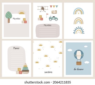 Set of vector childish notepad cover page with tree, sun, cubes, toy, rainbow for booklet, planner, and diary template, list