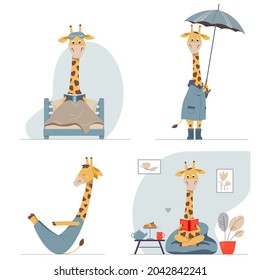 Set of vector children illustrations with funny cartton giraffe. Cute animals in different situations. Kids character.