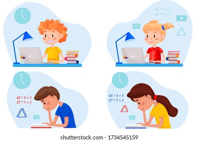 Conjunto de ilustraciones de educación en línea de niños vectores en vectores. Diseño de caracteres planos para redes sobre fondo blanco aislado. Los niños están estudiando con laptops junto a las mesas. 