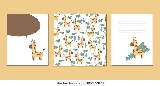 Set of vector children's cards with giraffes. Text templates for children's party, baby shower, postcards, invitations, diplomas.