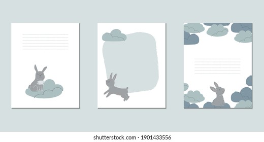 Set of vector children's cards with hares. Templates for text for a children's party, baby shower, cards, invitations, diplomas.