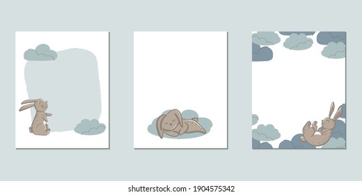 Set of vector children's cards with hares. Templates for text for a children's party, baby shower, cards, invitations, diplomas.
