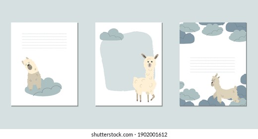 Set of vector children's cards with lamas. Templates for text for a children's party, baby shower, cards, invitations, diplomas