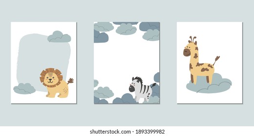 Juego de tarjetas vectoriales para niños con león, cebra y jirafa. Plantillas de texto para una fiesta infantil, ducha de bebé, tarjetas, invitaciones, diplomas.