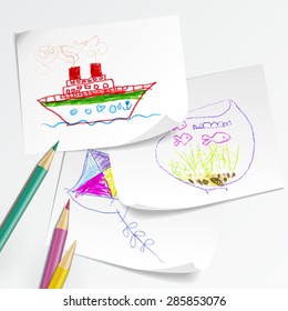 Set of vector of children's drawings on sheets of paper