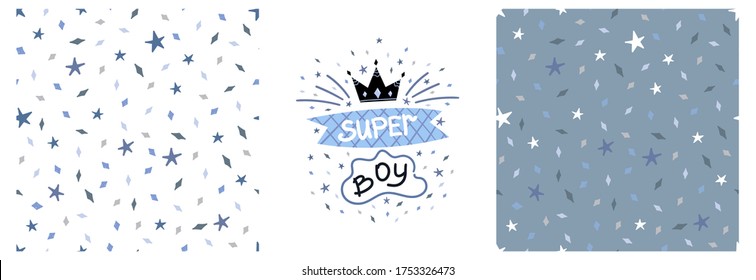 Set of vector children's graphic printing with SuperBoy lettering and seamless pattern with diamond stars on a colored background. Graphics for t-shirts, fabrics, textiles, pajamas, printing, gifts